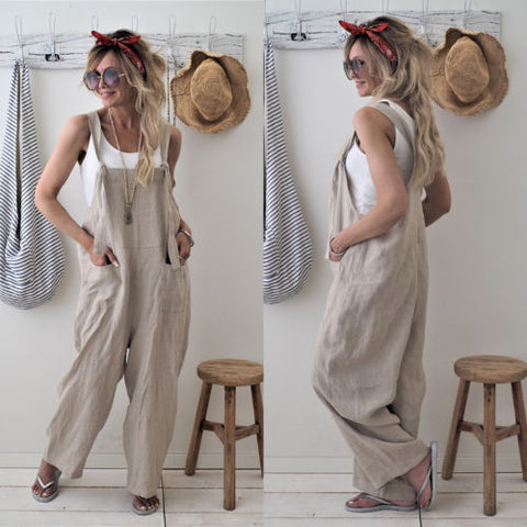 New Casual Loose Cotton Linen Solid Pockets Romper/Overalls Wide Legged, Cropped