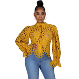 New Elegant Long Sleeve Hollowed Out, Sheer Mesh Lace Shirt